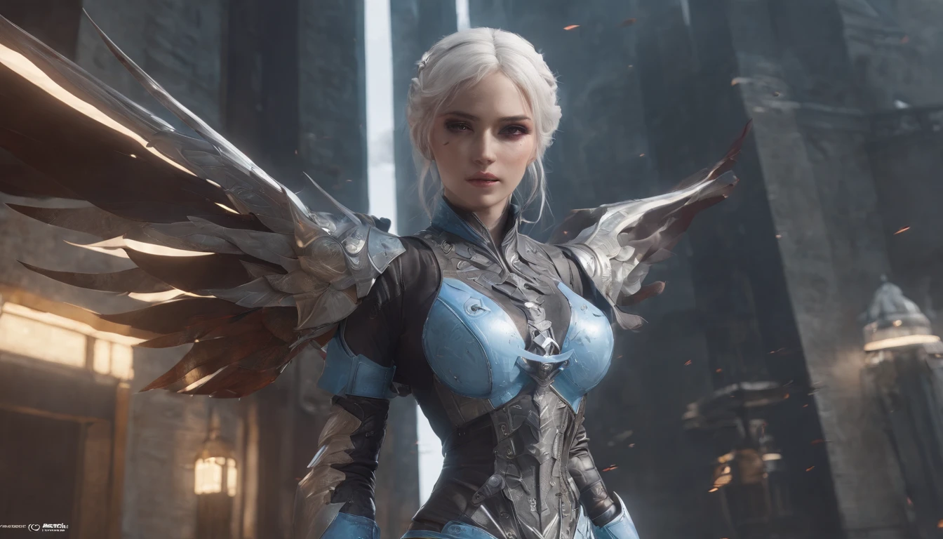 Cirilla Fiona Elen Riannon，Highest image quality，Outstanding details，超高分辨率，（Fidelity：1.4）, Favor the details，closeup cleavage，Ride a dragon，High-tech dragon knight mech，He has a delicate and beautiful face，（（Blue-white flying semi-mechanical fuselage：1.8）），Raised sexy，frontage，Cidade futuristica，mechanically aesthetic，Virtual Engine 5，Perfect detail rendering，rendering by octane，hyper HD