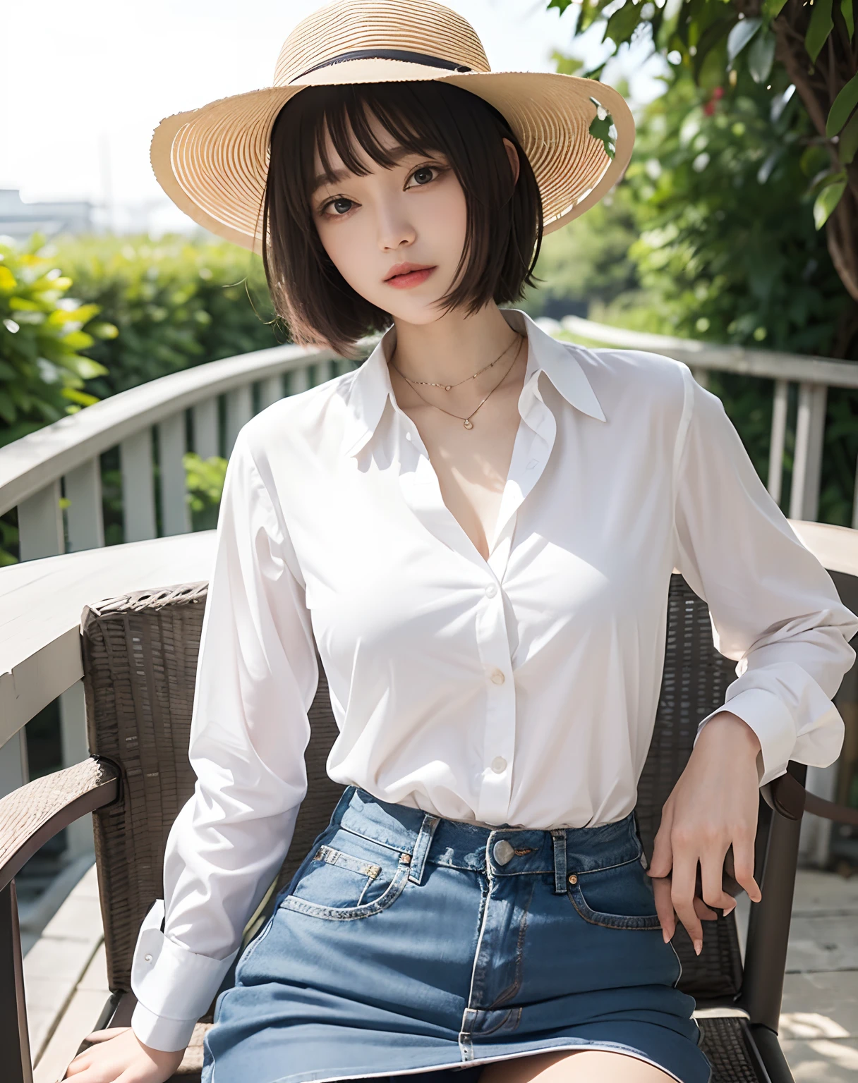 Summer barbecue、Woman sitting on chair wearing hat, fine white shirt, wearing a white button up shirt, in a white shirt, in a white shirt, Wearing a white shirt, wearing in shirt, Wearing a light shirt, digital art of an elegant, Wearing a blouse, wearing elegant casual clothes, Wearing a white blouse, White shirt、Denim miniskirt、Small bust、short-hair、a necklace、耳Nipple Ring