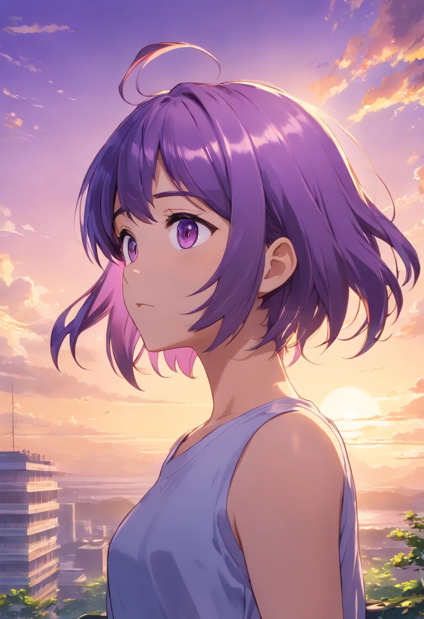 Create an anime-style illustration of a heroic character with intricate details, featuring (((purple hair))) and (((golden eyes))). The character should be looking up at the sky in a contemplative pose, with a complex composition that captures the essence of 'Boku no Hero' (My Hero Academia). Use (((high-quality))) and (((extreme detail))) in the artwork. Incorporate the signature color palette and textures reminiscent of the anime series for the best result. Three related artists for this style are Kohei Horikoshi, Yusuke Murata, and Hirohiko Araki."