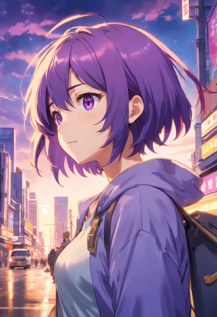 Create an anime-style illustration of a heroic character with intricate details, featuring (((purple hair))) and (((golden eyes))). The character should be looking up at the sky in a contemplative pose, with a complex composition that captures the essence of 'Boku no Hero' (My Hero Academia). Use (((high-quality))) and (((extreme detail))) in the artwork. Incorporate the signature color palette and textures reminiscent of the anime series for the best result. Three related artists for this style are Kohei Horikoshi, Yusuke Murata, and Hirohiko Araki."