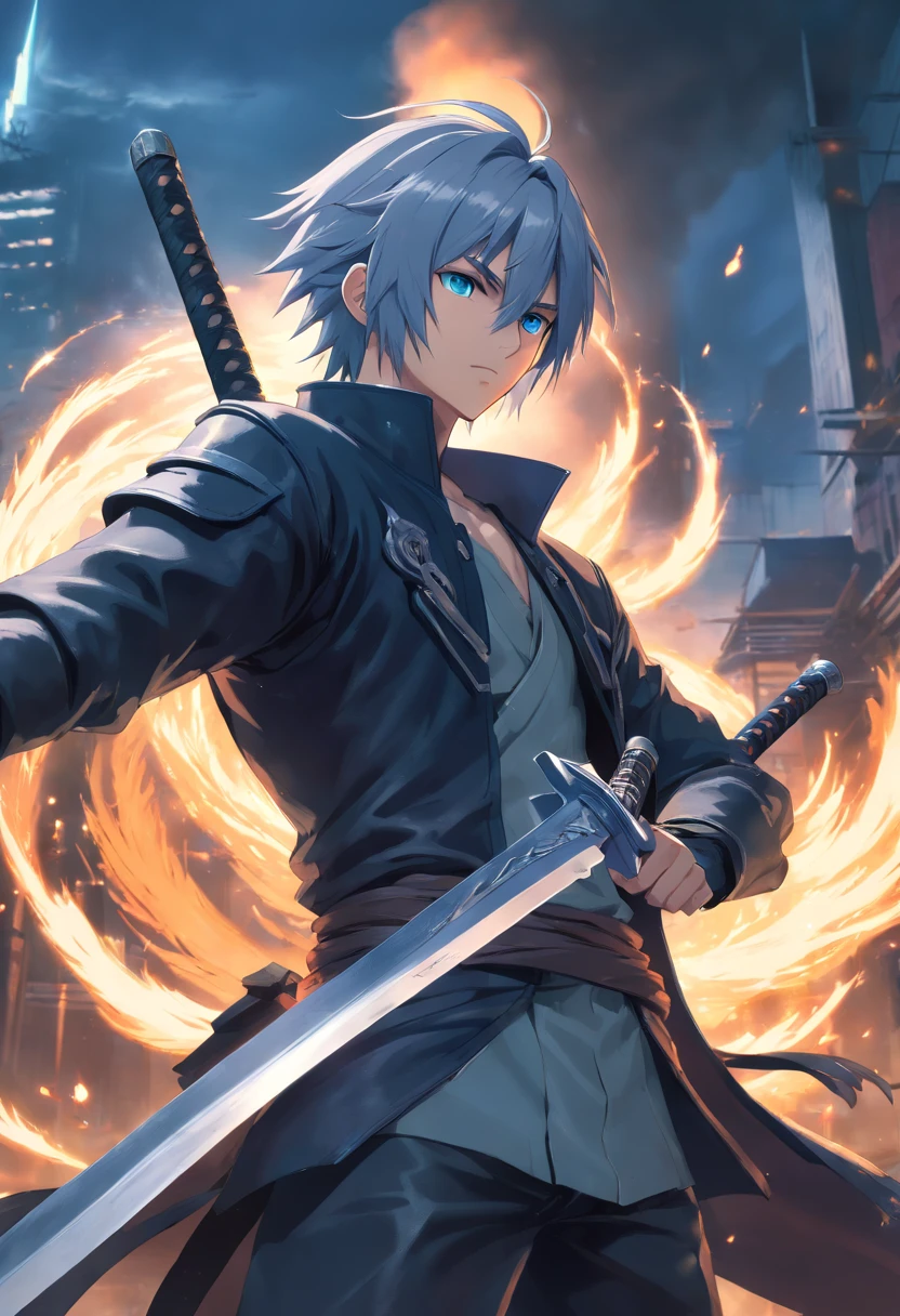 sepriroth,final fantasy vii,male,masculine,(best quality,4k,8k,highres,masterpiece:1.2),ultra-detailed,(realistic,photorealistic,photo-realistic:1.37),dark and dramatic lighting,flowing silver hair,sinister expression,piercing blue eyes,intense gaze,sharp facial features,confident and determined posture,black wing,leather outfit with silver ornaments,holding a long katana sword,battlefield background,smoke and fire effects,epic and cinematic composition,action-packed scene,true to character's design,rich color palette,contrast and shadows,game-like graphics,heroic yet menacing presence.