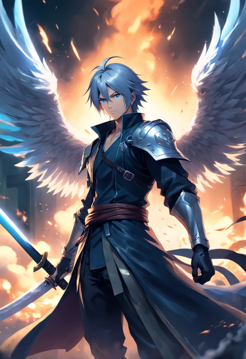 sepriroth,final fantasy vii,male,masculine,(best quality,4k,8k,highres,masterpiece:1.2),ultra-detailed,(realistic,photorealistic,photo-realistic:1.37),dark and dramatic lighting,flowing silver hair,sinister expression,piercing blue eyes,intense gaze,sharp facial features,confident and determined posture,black wing,leather outfit with silver ornaments,holding a long katana sword,battlefield background,smoke and fire effects,epic and cinematic composition,action-packed scene,true to character's design,rich color palette,contrast and shadows,game-like graphics,heroic yet menacing presence.