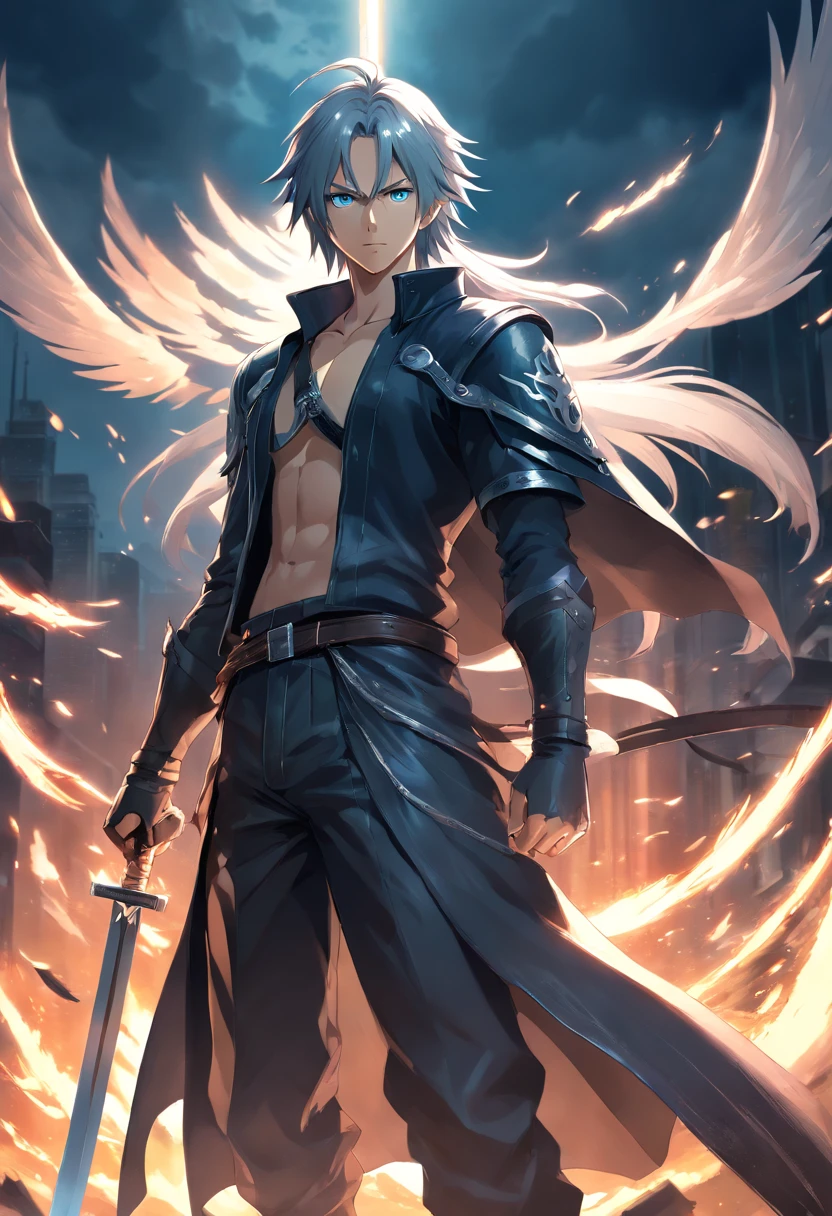 sepriroth,final fantasy vii,male,masculine,(best quality,4k,8k,highres,masterpiece:1.2),ultra-detailed,(realistic,photorealistic,photo-realistic:1.37),dark and dramatic lighting,flowing silver hair,sinister expression,piercing blue eyes,intense gaze,sharp facial features,confident and determined posture,black wing,leather outfit with silver ornaments,holding a long katana sword,battlefield background,smoke and fire effects,epic and cinematic composition,action-packed scene,true to character's design,rich color palette,contrast and shadows,game-like graphics,heroic yet menacing presence.