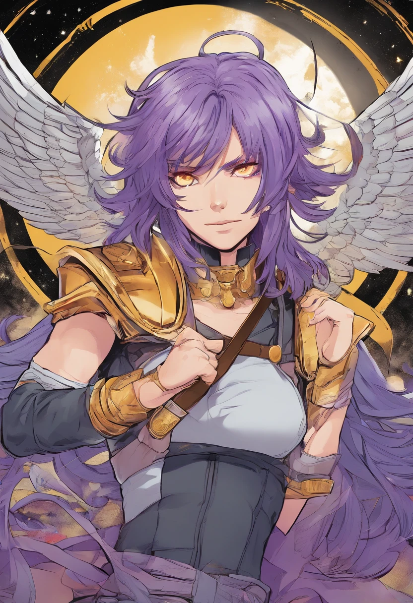 Create an anime-style illustration of a heroic character with intricate details, featuring (((purple hair))) and (((golden eyes))). The character should be looking up at the sky in a contemplative pose, with a complex composition that captures the essence of 'Boku no Hero' (My Hero Academia). Use (((high-quality))) and (((extreme detail))) in the artwork. Incorporate the signature color palette and textures reminiscent of the anime series for the best result. Three related artists for this style are Kohei Horikoshi, Yusuke Murata, and Hirohiko Araki."