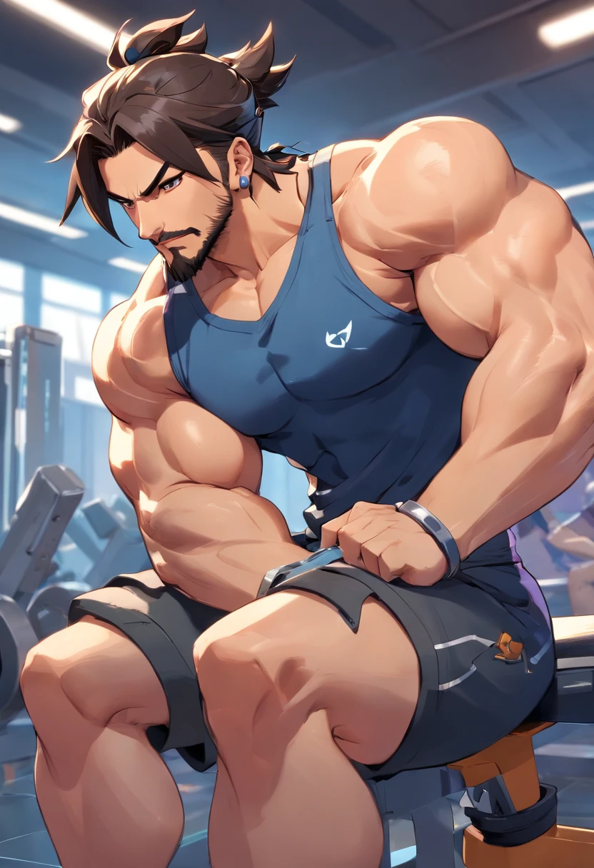 hanzo Overwatch, corpo inteiro,Picking up heavy in a bodybuilding gym, well-defined muscles, perfect biceps, focus in muscles, incredible details