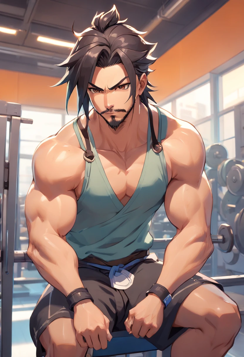 Hanzo Overwatch working out in a bodybuilding gym, well-defined muscles, focus in muscles, detailed biceps and triceps, cabelo perfeito, rosto perfeito, perfect hands, dedos perfeitos