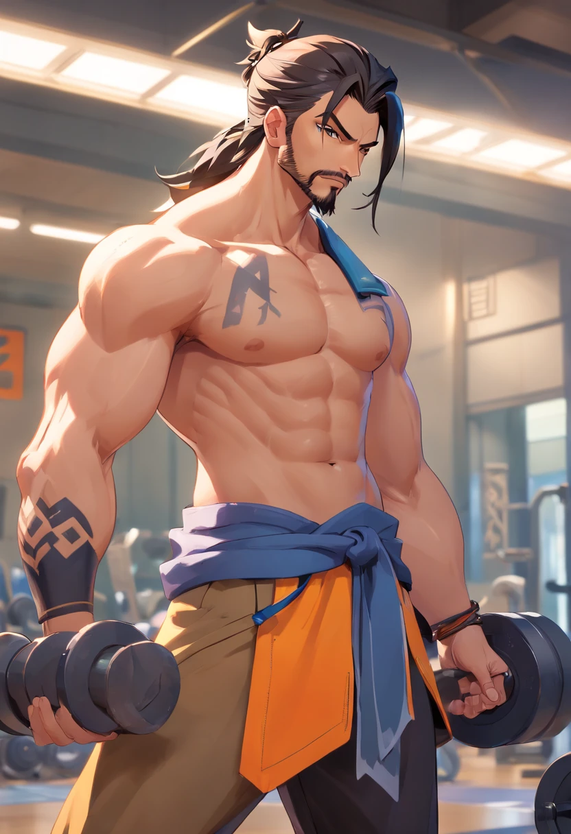 hanzo Overwatch, corpo inteiro,Picking up heavy in a bodybuilding gym, well-defined muscles, perfect biceps, focus in muscles, incredible details