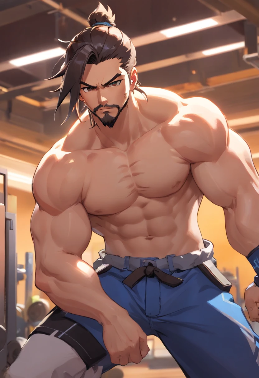hanzo Overwatch, corpo inteiro,Picking up heavy in a bodybuilding gym, well-defined muscles, perfect biceps, focus in muscles, incredible details