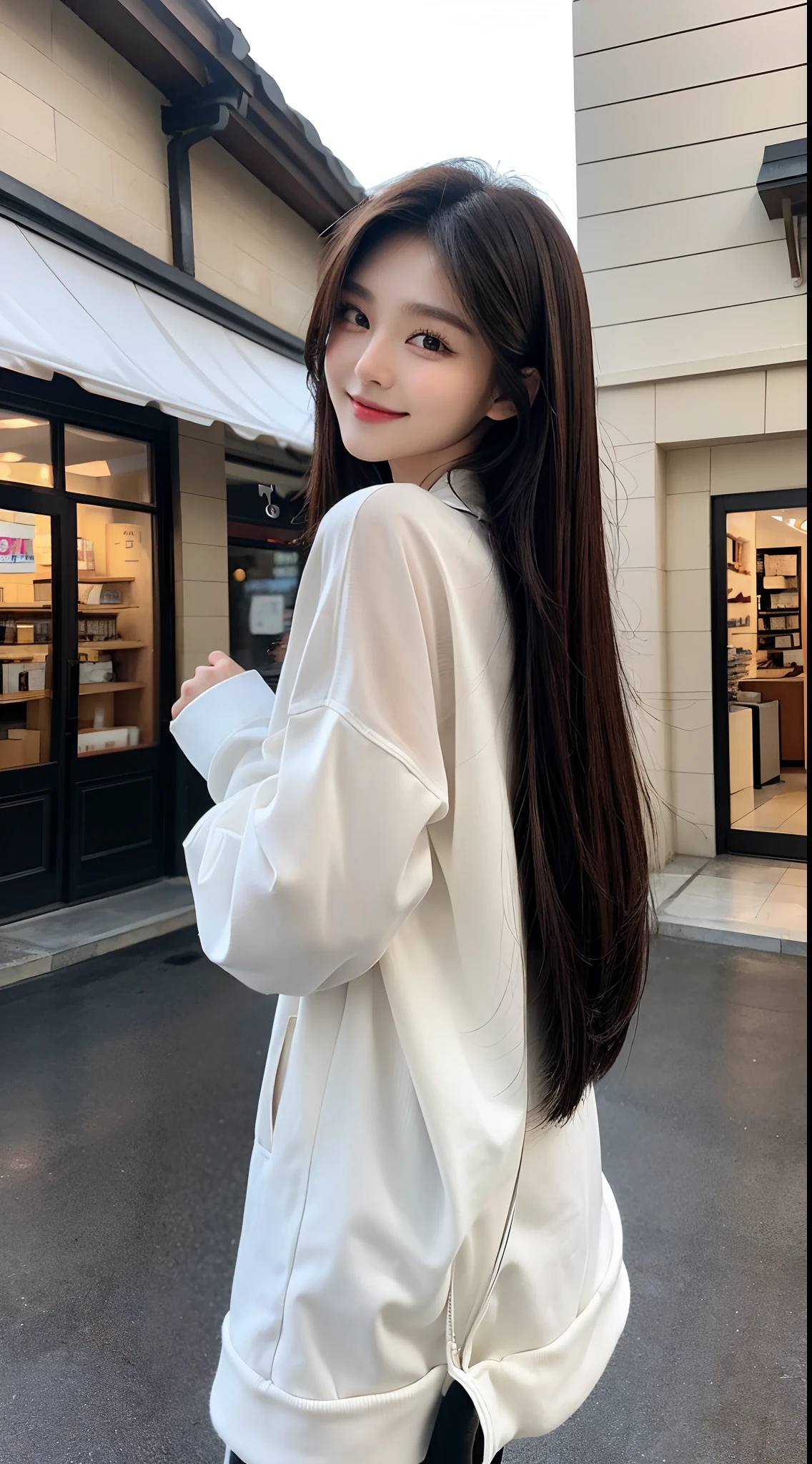 (One girl:1.3), (Realistic:1.4), (masterpiece, Highest quality, Highest quality, Official Art), Very detailed, Most detailed, (Very detailed), ((Very delicate and beautiful)), Cinematic Light, Contemporary, Silky long hair, (Brown Hair), She is walking in the park, At night, ((Open back(shirt)、Long skirt with slit)), Upper Body, From above, shy, smile, (Recall:1.4), 26 years old、((Back view、View from behind))、
