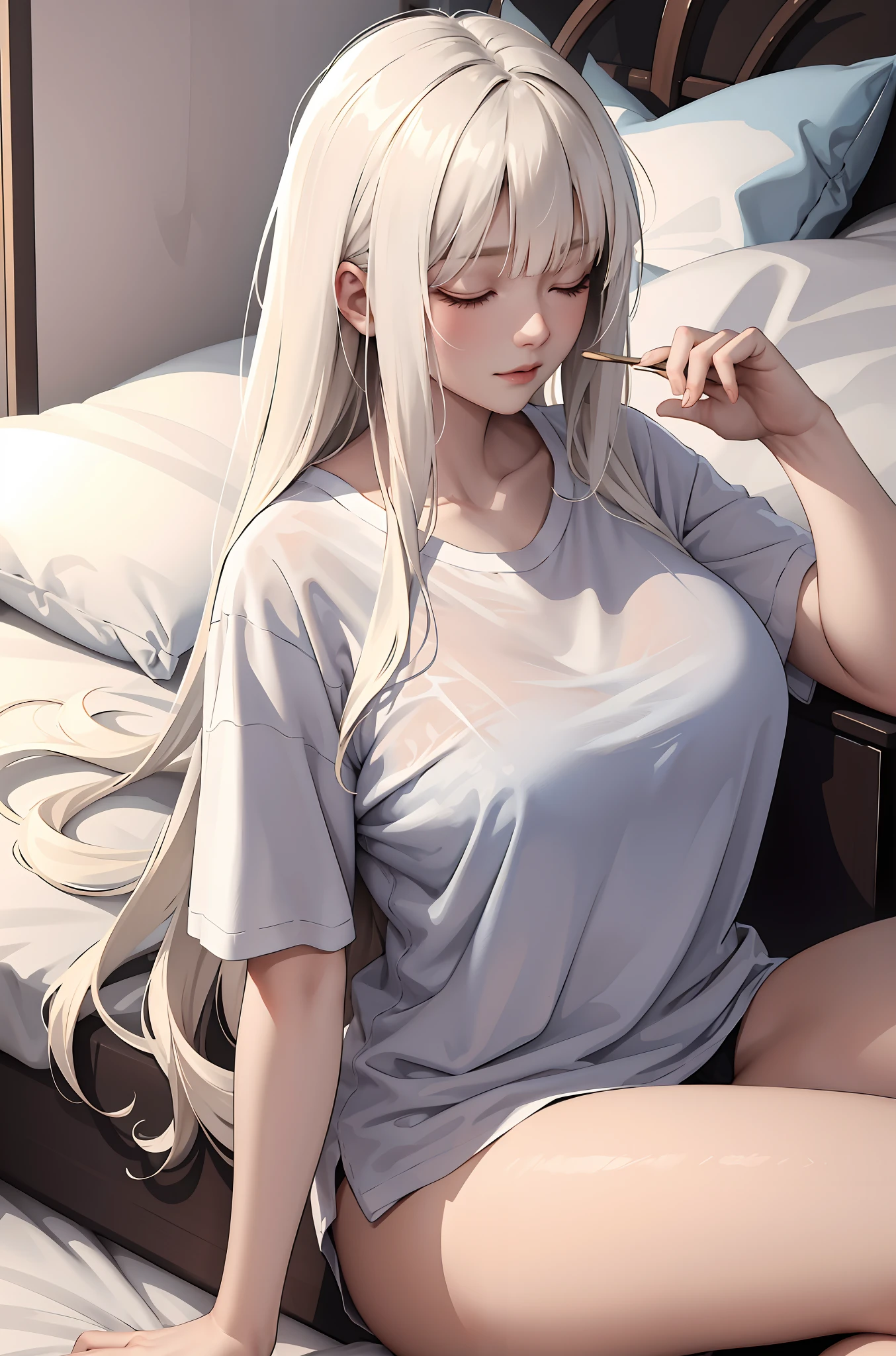 (masterpiece:1.2, best quality), (real picture, intricate details), 1lady, solo, upper body, laying on bed, sleeping , sleep, asleep, casual, long hair, minimal makeup, natural fabrics, close-up face, asleep, home, bedroom, beautiful woman, gorgeous woman, stunning woman, big breasts, big tits, big plump breasts, long light platinum blonde hair, pyjamas, cute pyjamas, pyjama t-shirt, oversized t-shirt, bangs, closed eyes, sleeping, (big tits), (beautiful woman), (adult woman), (cute hair bangs)