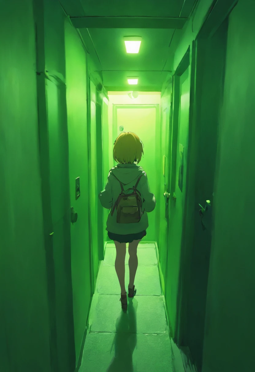 Background: Apartment hallway, green walls, slightly dingy vibe. Character: A woman facing her door, trying to unlock it with her keys. The shot is fairly dark.