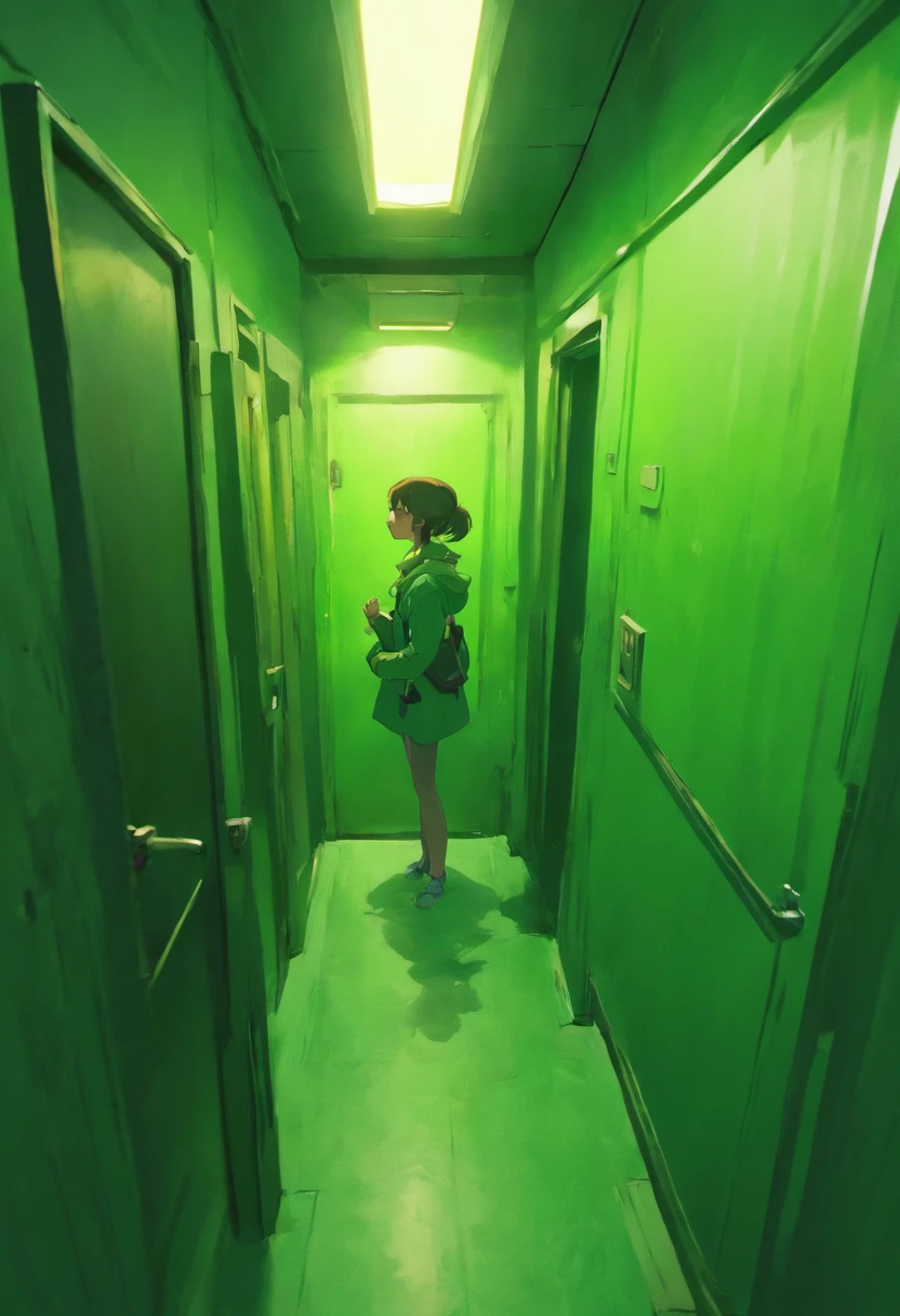 Background: Apartment hallway, green walls, slightly dingy vibe. Character: A woman facing her door, trying to unlock it with her keys. The shot is fairly dark.