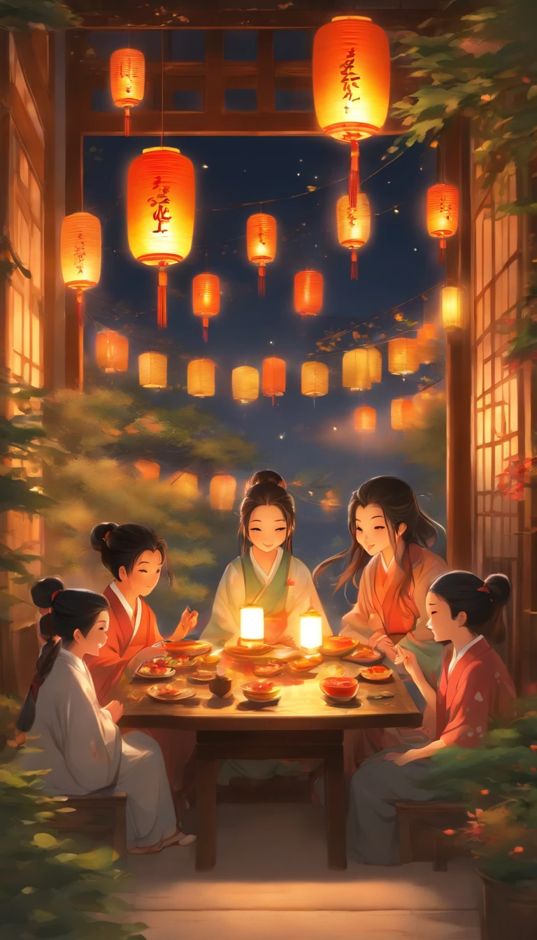 Mid-Autumn Festival,(The background is the full moon:1.2),The family sits together, Eat a reunion dinner, Sip osmanthus wine,There are red lanterns hanging in front of the house,The table is filled with a variety of delicacies,Moon cake, Warm and pleasant atmosphere,The scene is cheerful, Family reunion,Bright house scene,(extremely detailed face and skin),Heartwarming scene,perfect detail,traditional Chinese festivals,Reunion Day,official aesthetics,Best of its kind,8k wallpaper,Movie lighting,