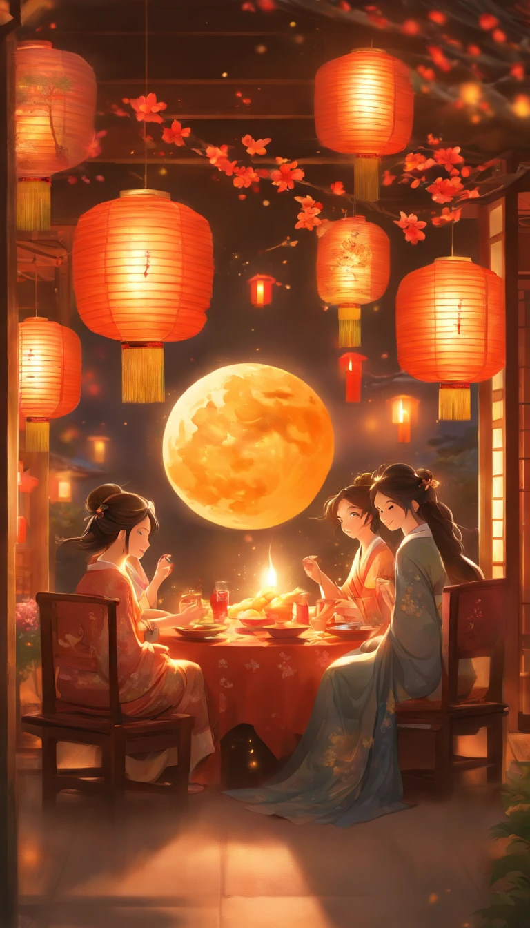 The family sits together, Enjoy a festive dinner, Surrounded by a warm and comfortable atmosphere. The room was beautifully decorated,Equipped with lanterns, Symbolizes the joy of the Mid-Autumn Festival. The table is filled with a variety of delicacies, Includes traditional mooncakes. Moonlight shone through the windows, Cast a soft glow on everyone's face. The family laughed and chatted, Express their love and happiness on this special occasion. The artwork is created with the finest materials, Such as oil painting or high-resolution digital rendering, Ensure the highest quality and detail. The colors are vivid and vibrant, Create visually stunning representations for holiday celebrations. Well-designed lighting, Focus on capturing the warm and tranquil atmosphere of the evening. The artwork is a masterpiece, With ultra-fine elements and realism, Photorealistic style. The moon in the night sky is depicted as a perfect circle, Represents the full moon of the Mid-Autumn Festival. The scene was full of fun, Love, and togetherness, Capture the essence of the festival.You can see the round moon hanging high
