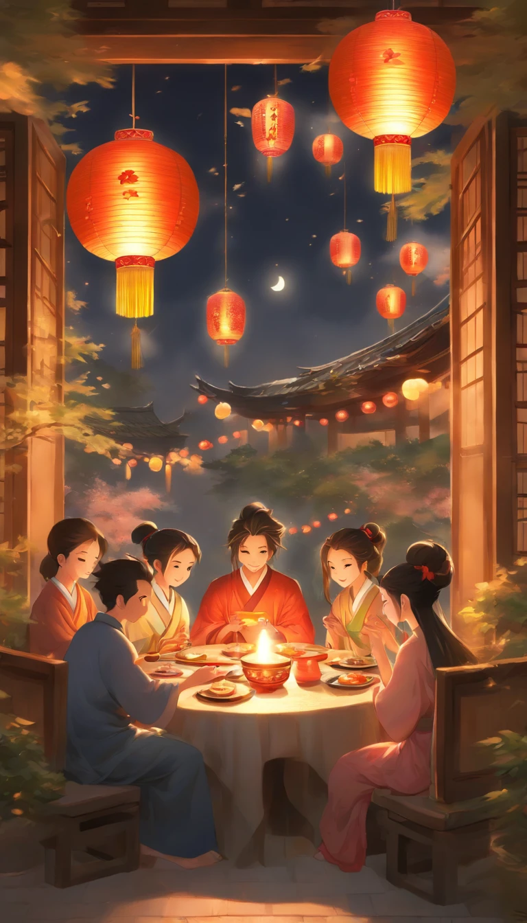 The family sits together, Enjoy a festive dinner, Surrounded by a warm and comfortable atmosphere. The room was beautifully decorated,Equipped with lanterns, Symbolizes the joy of the Mid-Autumn Festival. The table is filled with a variety of delicacies, Includes traditional mooncakes. Moonlight shone through the windows, Cast a soft glow on everyone's face. The family laughed and chatted, Express their love and happiness on this special occasion. The artwork is created with the finest materials, Such as oil painting or high-resolution digital rendering, Ensure the highest quality and detail. The colors are vivid and vibrant, Create visually stunning representations for holiday celebrations. Well-designed lighting, Focus on capturing the warm and tranquil atmosphere of the evening. The artwork is a masterpiece, With ultra-fine elements and realism, Photorealistic style. The moon in the night sky is depicted as a perfect circle, Represents the full moon of the Mid-Autumn Festival. The scene was full of fun, Love, and togetherness, Capture the essence of the festival.You can see the round moon hanging high