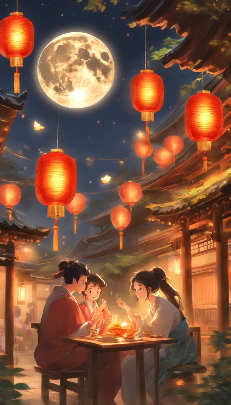 The family sits together, Enjoy a festive dinner, Surrounded by a warm and comfortable atmosphere. The room was beautifully decorated,Equipped with lanterns, Symbolizes the joy of the Mid-Autumn Festival. The table is filled with a variety of delicacies, Includes traditional mooncakes. Moonlight shone through the windows, Cast a soft glow on everyone's face. The family laughed and chatted, Express their love and happiness on this special occasion. The artwork is created with the finest materials, Such as oil painting or high-resolution digital rendering, Ensure the highest quality and detail. The colors are vivid and vibrant, Create visually stunning representations for holiday celebrations. Well-designed lighting, Focus on capturing the warm and tranquil atmosphere of the evening. The artwork is a masterpiece, With ultra-fine elements and realism, Photorealistic style. The moon in the night sky is depicted as a perfect circle, Represents the full moon of the Mid-Autumn Festival. The scene was full of fun, Love, and togetherness, Capture the essence of the festival.You can see the round moon hanging high