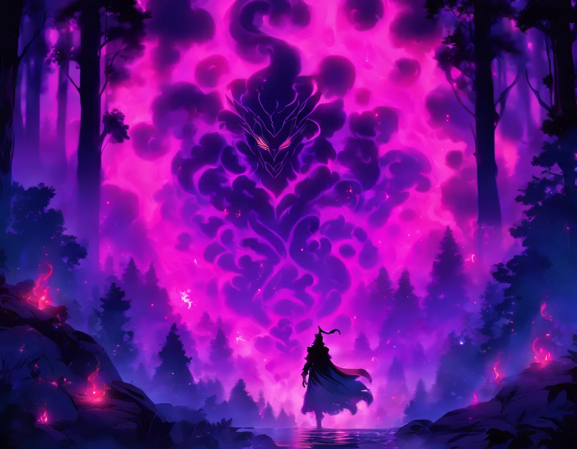 In the middle of an ancient forest and covered with vegetation, The essence of magic takes shape through a young man, seus cabelos leves como a neve e seus olhos uma chama rosa radiante. A mystical mark adorns his neck, cintilante com poder latente. Dentro de uma clareira, He is swallowed by a cascading torrent of purple flames, o calor do fogo temperado por uma energia sobrenatural. Like the magic fire spirals and dances, evokes a spinning dance of luminous particles, each a fragment of his ethereal aura. Arcane symbols materialize in the air, its glow casting a sinister light on his intense focus. The scene exudes a sense of ancient power and occult knowledge, As if the woods themselves were alive with long-forgotten secrets. The atmosphere is of serene intensity, where the balance of nature and magic intertwine. The illustration style captures this mystical aura through detailed digital art, combinando linhas intrincadas com paletas de cores vibrantes. --AR 16:9 --V 5