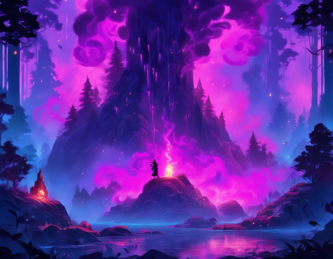 In the middle of an ancient forest and covered with vegetation, The essence of magic takes shape through a young man, seus cabelos leves como a neve e seus olhos uma chama rosa radiante. A mystical mark adorns his neck, cintilante com poder latente. Dentro de uma clareira, He is swallowed by a cascading torrent of purple flames, o calor do fogo temperado por uma energia sobrenatural. Like the magic fire spirals and dances, evokes a spinning dance of luminous particles, each a fragment of his ethereal aura. Arcane symbols materialize in the air, its glow casting a sinister light on his intense focus. The scene exudes a sense of ancient power and occult knowledge, As if the woods themselves were alive with long-forgotten secrets. The atmosphere is of serene intensity, where the balance of nature and magic intertwine. The illustration style captures this mystical aura through detailed digital art, combinando linhas intrincadas com paletas de cores vibrantes. --AR 16:9 --V 5