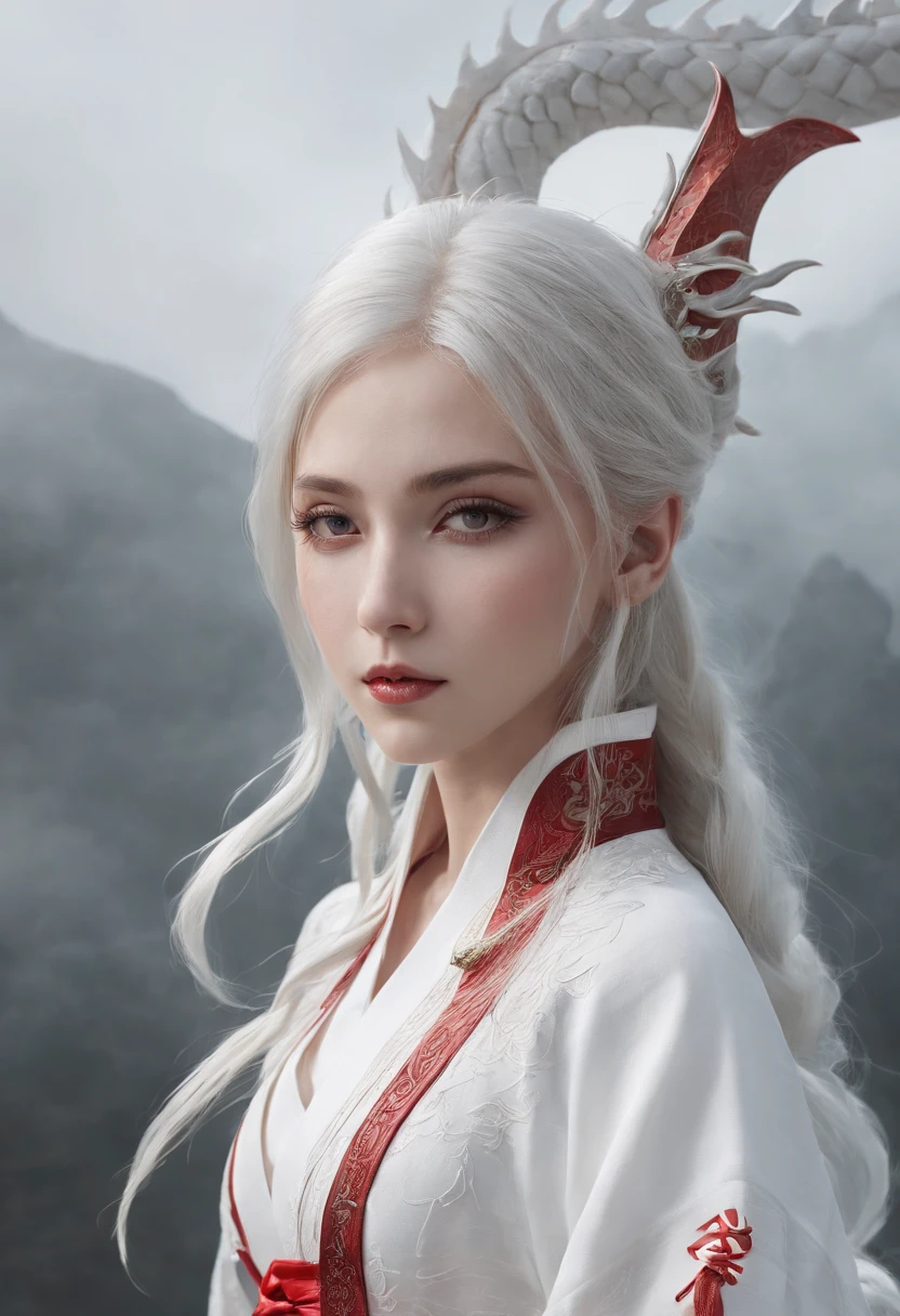 Cirilla Fiona Elen Riannon,动态照明,art stations,poster for,Volumetriclighting,Very detailed faces,4k wallpapers,He has a delicate and beautiful face,long hair flowing,horse tailed,Fringed Hair Ornament,Dynamic perspective,White Hanfu,White gauze flying,red waistband,Sexy,Tradition Chinese Ink Painting,Surrounded by clouds,fog atmosphere,Ride a white dragon,White dragon horn,dynamic viewing angle,电影灯光