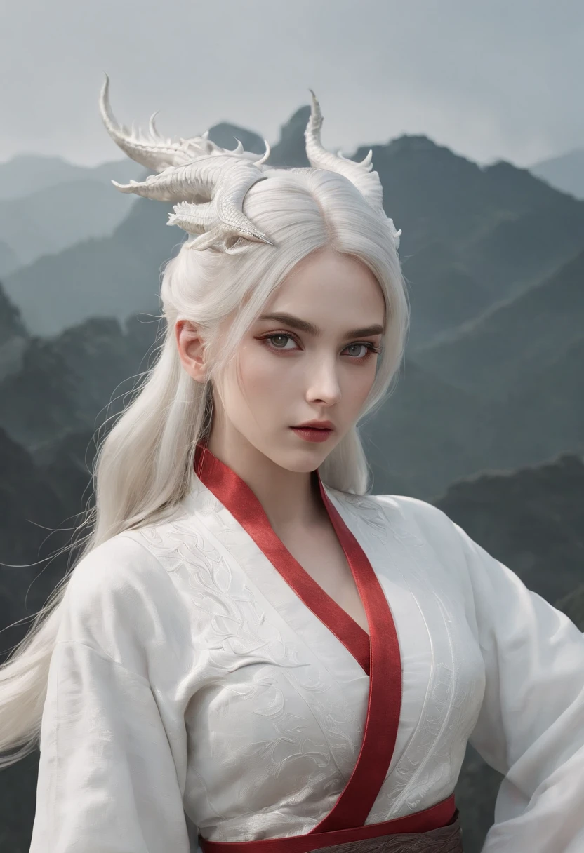 Cirilla Fiona Elen Riannon,动态照明,art stations,poster for,Volumetriclighting,Very detailed faces,4k wallpapers,He has a delicate and beautiful face,long hair flowing,horse tailed,Fringed Hair Ornament,Dynamic perspective,White Hanfu,White gauze flying,red waistband,Sexy,Tradition Chinese Ink Painting,Surrounded by clouds,fog atmosphere,Ride a white dragon,White dragon horn,dynamic viewing angle,电影灯光