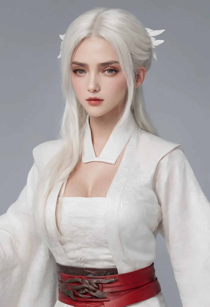 White hair, Red eyes, Mature female, Narrow waist, view the viewer, Seductive posture, Sexy pose, Alluring, Clean, Pale skin, Absurdly long hair, (Huge breasts, breasts out, puffynipple ), Shiny skin, skin indentation, Delicate pattern, intricately details, (Rich:1.4), (Extremely detailed 8K Chinese long embroidered silk robe and silk tunic and dress:1.2), Slim body,超高分辨率, (Photorealistic:1.4), RAW photo,16k,Dramatic lighting,