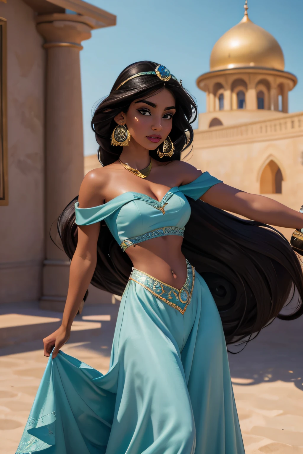 (Masterpiece, Best Quality, Highres:1.2), Detailed, Intricate Details, 4K, 1Girl, (Solo:1.2), jasmine, long hair, breasts, black hair, navel, cleavage, bare shoulders, brown eyes, jewelry, earrings, midriff, dark skin, necklace, off shoulder, blurry, dark-skinned female, crop top, blue shirt, circlet, off-shoulder shirt, arabian clothes, looking at viewer outdoors. Princesa Jasmin volando sentada sobre la alfombra magica, fondo la ciudad de Bagdad en el atardecer.