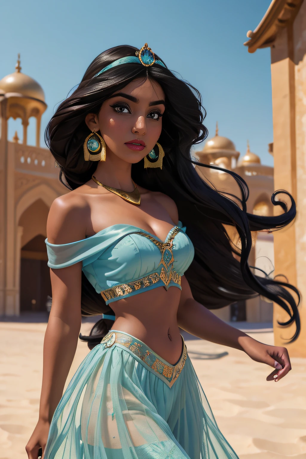 (Masterpiece, Best Quality, Highres:1.2), Detailed, Intricate Details, 4K, 1Girl, (Solo:1.2), jasmine, long hair, breasts, black hair, navel, cleavage, bare shoulders, brown eyes, jewelry, earrings, midriff, dark skin, necklace, off shoulder, blurry, dark-skinned female, crop top, blue shirt, circlet, off-shoulder shirt, arabian clothes, looking at viewer outdoors. Princesa Jasmin volando sentada sobre la alfombra magica, fondo la ciudad de Bagdad en el atardecer.