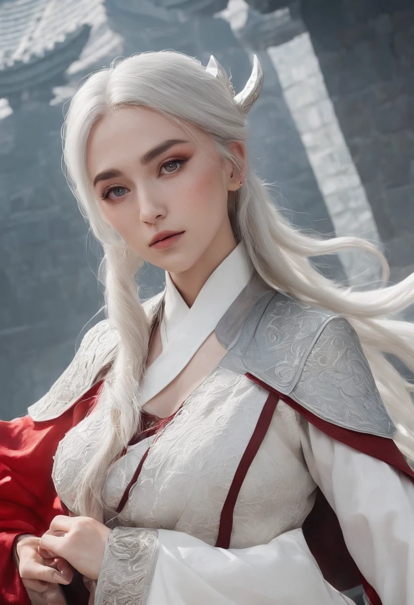 Cirilla Fiona Elen Riannon，动态照明，art  stations，poster for，Volumetriclighting，Very detailed faces，4k wallpapers，He has a delicate and beautiful face，long hair flowing，horse tailed，Fringed Hair Ornament，Dynamic perspective，White Hanfu，White gauze flying，red waistband，Sexy，Tradition Chinese Ink Painting，Surrounded by clouds，fog atmosphere，Ride a white dragon，White dragon horn，dynamic viewing angle，电影灯光