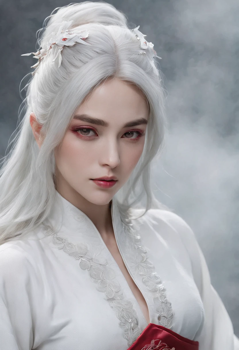 Cirilla Fiona Elen Riannon,动态照明,art stations,poster for,Volumetriclighting,Very detailed faces,4k wallpapers,He has a delicate and beautiful face,long hair flowing,horse tailed,Fringed Hair Ornament,Dynamic perspective,White Hanfu,White gauze flying,red waistband,Sexy,Tradition Chinese Ink Painting,Surrounded by clouds,fog atmosphere,Ride a white dragon,White dragon horn,dynamic viewing angle,电影灯光