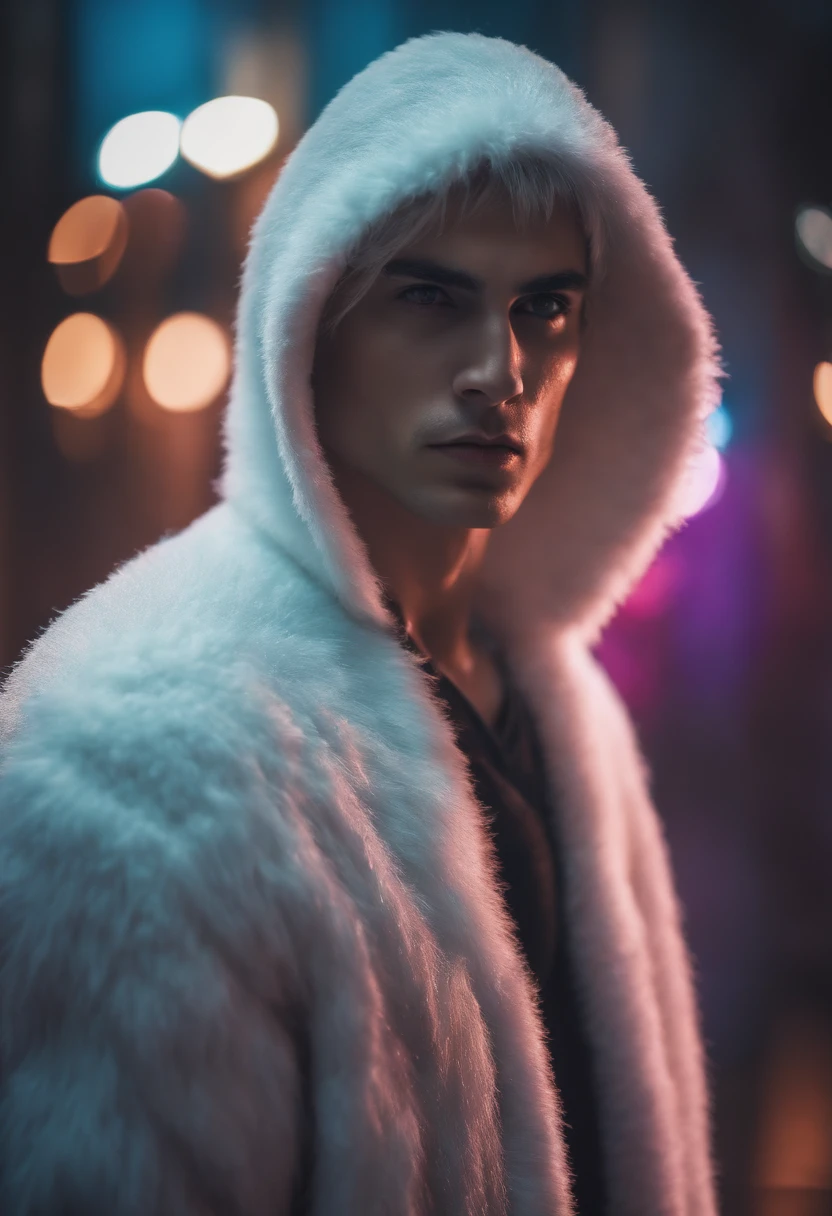 young man, 20s, white hair, two-block haircut, shirtless, wearing a black fur coat and a hood, Photo Reality, reality skin, detailed skin, bright light eyes, Biomechanics, strange, scary, Nightmare , very bright colors, particles of lights, with bright light, Mshiff, Wallpaper art, UHD wallpaper