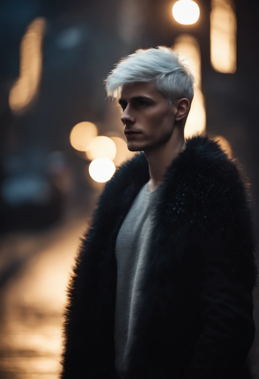 young man, 20s, white hair, two-block haircut, shirtless, wearing a black fur coat and a hood, Photo Reality, reality skin, detailed skin, bright light eyes, Biomechanics, strange, scary, Nightmare , very bright colors, particles of lights, with bright light, Mshiff, Wallpaper art, UHD wallpaper