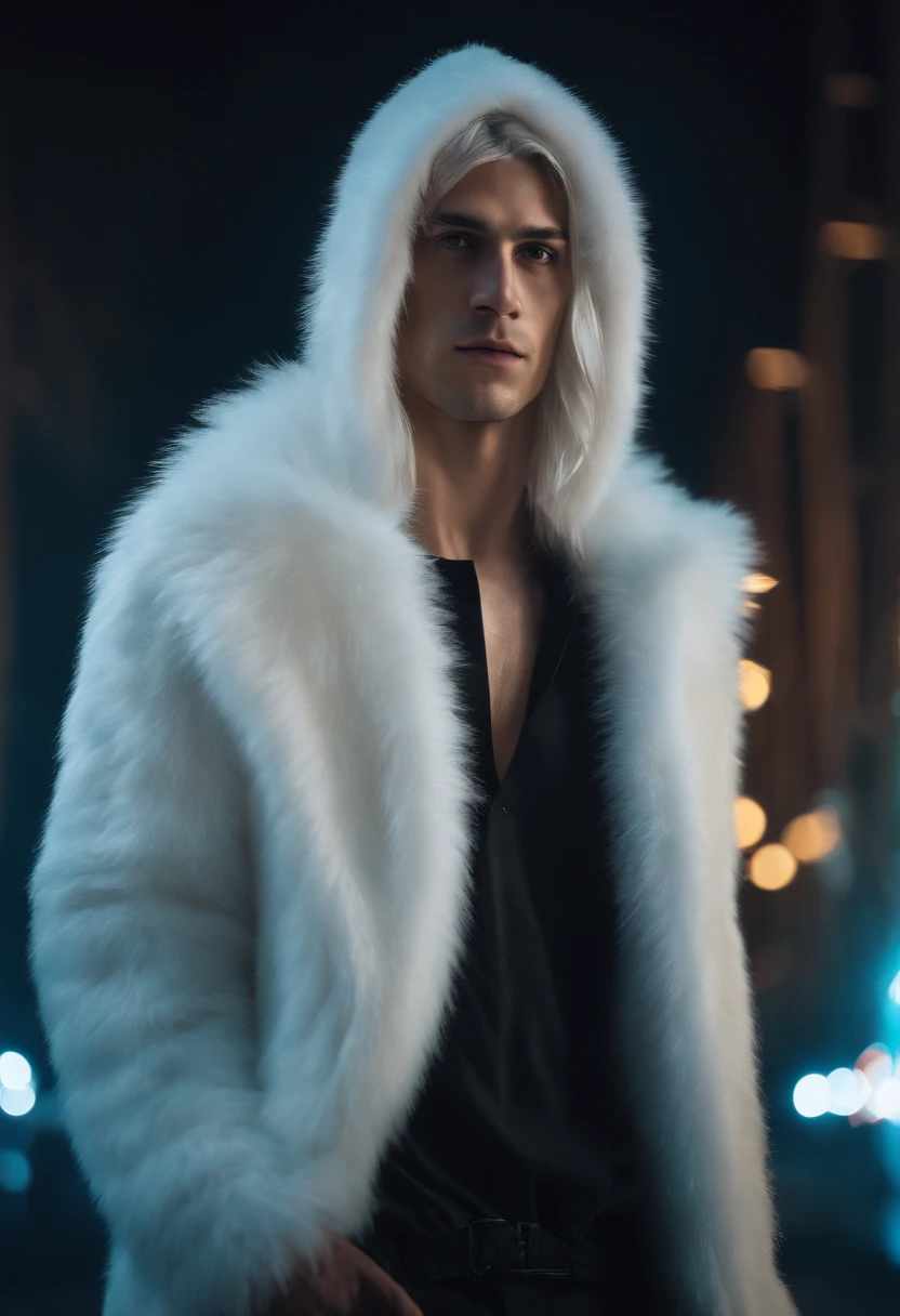 young man, 20s, white hair, two-block haircut, shirtless, wearing a black fur coat and a hood, Photo Reality, reality skin, detailed skin, bright light eyes, Biomechanics, strange, scary, Nightmare , very bright colors, particles of lights, with bright light, Mshiff, Wallpaper art, UHD wallpaper