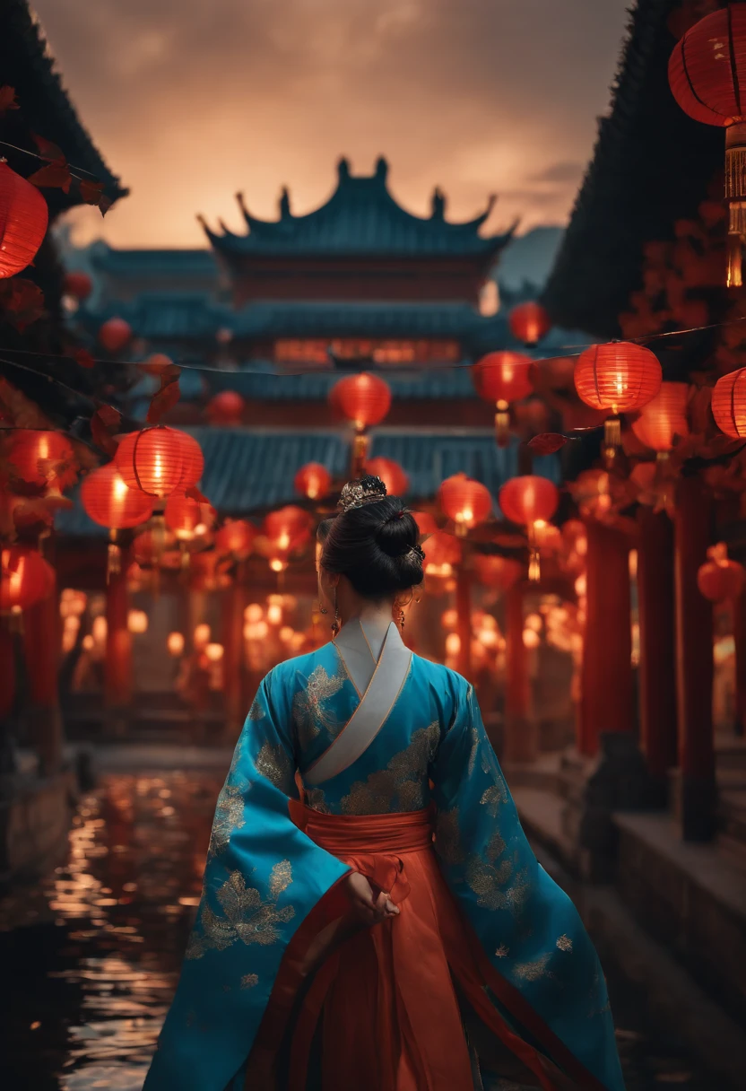 offcial art, Unity 8k wallpaper, Ultra detailed, Beautiful and aesthetic, Masterpiece, Best quality, (Fire, water, ribbon, paper cut out), (Fractal art:1.3) 1girll,Building, (Solo:1.5), Chinese_clothes, sky, Outdoors, Wide_Sleeves, black_Hair, Sunset, (Falling_Leaves:1.2), lantern, (Paper_lantern:1.5),Blue sky, (Outdoors:1.5),Hanfu, (rainbow-candy:0.8), (style-swirlmagic:0.8),National style