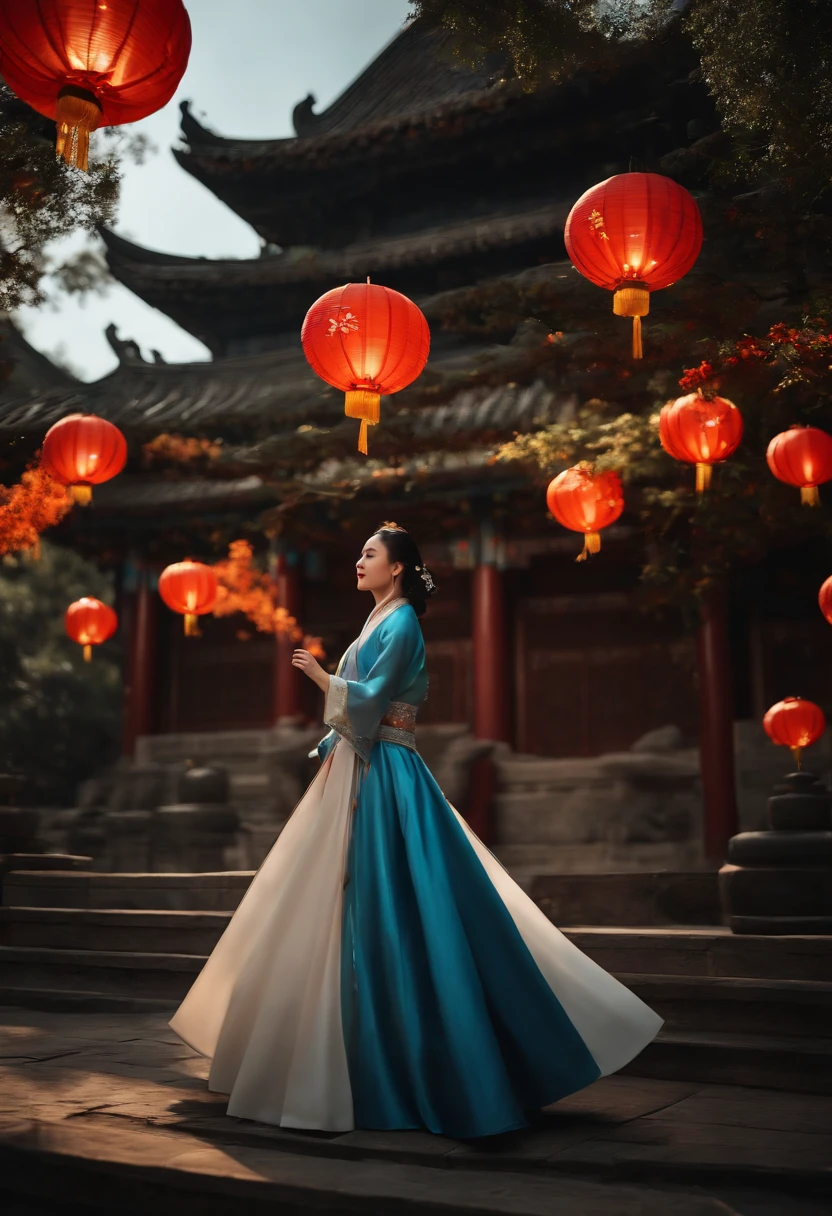 offcial art, Unity 8k wallpaper, Ultra detailed, Beautiful and aesthetic, Masterpiece, Best quality, (Fire, water, ribbon, paper cut out), (Fractal art:1.3) 1girll,Building, (Solo:1.5), Chinese_clothes, sky, Outdoors, Wide_Sleeves, black_Hair, Sunset, (Falling_Leaves:1.2), lantern, (Paper_lantern:1.5),Blue sky, (Outdoors:1.5),Hanfu, (rainbow-candy:0.8), (style-swirlmagic:0.8),National style