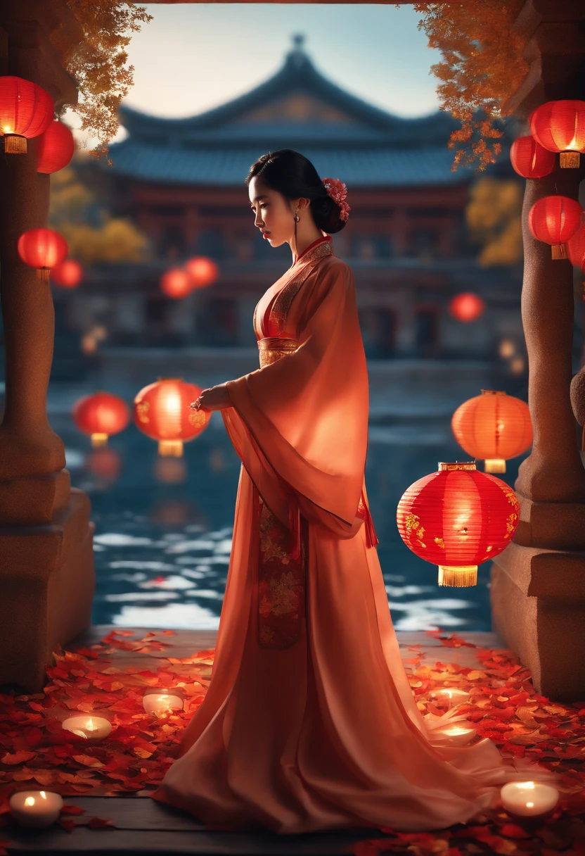 offcial art, Unity 8k wallpaper, Ultra detailed, Beautiful and aesthetic, Masterpiece, Best quality, (Fire, water, ribbon, paper cut out), (Fractal art:1.3) 1girll,Building, (Solo:1.5), Chinese_clothes, sky, Outdoors, Wide_Sleeves, black_Hair, Sunset, (Falling_Leaves:1.2), lantern, (Paper_lantern:1.5),Blue sky, (Outdoors:1.5),Hanfu, (rainbow-candy:0.8), (style-swirlmagic:0.8),National style