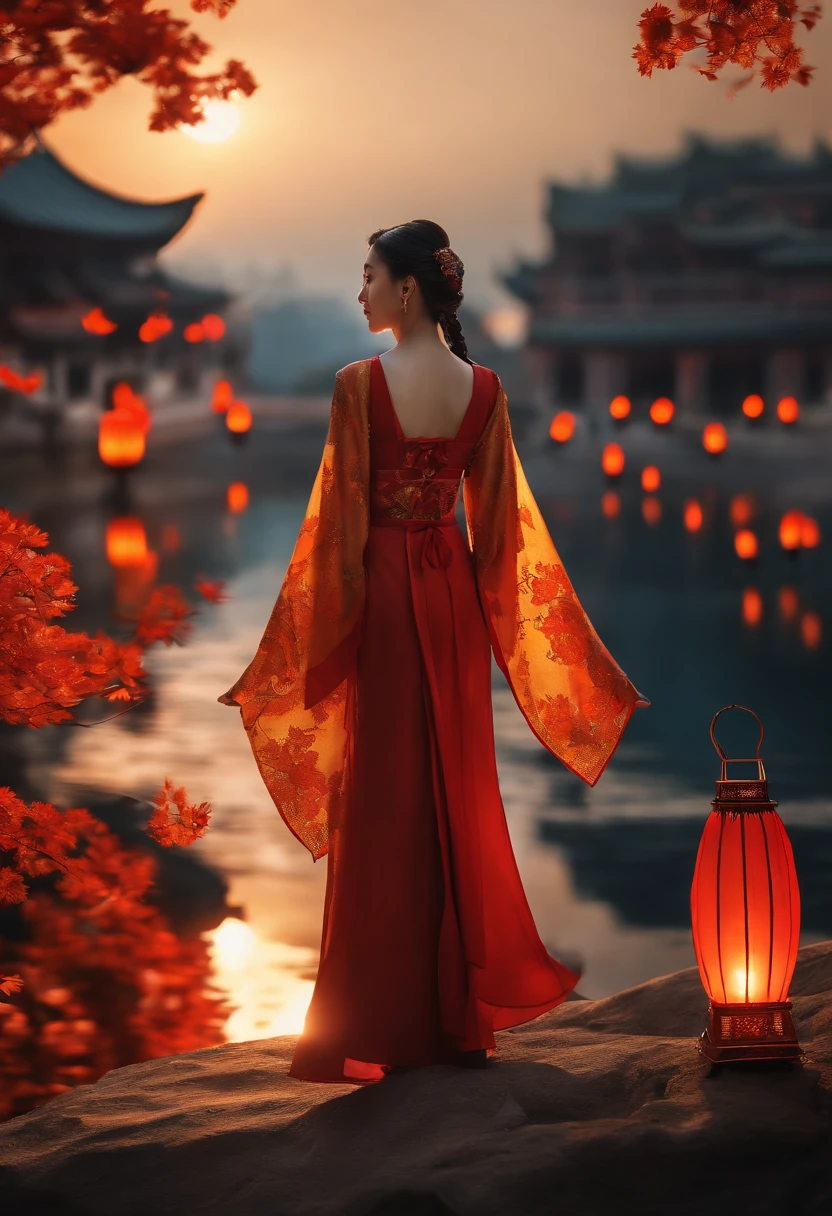 offcial art, Unity 8k wallpaper, Ultra detailed, Beautiful and aesthetic, Masterpiece, Best quality, (Fire, water, ribbon, paper cut out), (Fractal art:1.3) 1girll,Building, (Solo:1.5), Chinese_clothes, sky, Outdoors, Wide_Sleeves, black_Hair, Sunset, (Falling_Leaves:1.2), lantern, (Paper_lantern:1.5),Blue sky, (Outdoors:1.5),Hanfu, (rainbow-candy:0.8), (style-swirlmagic:0.8),National style
