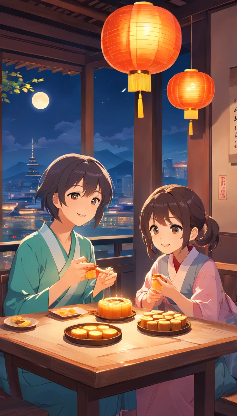 A family eats mooncakes,There are mooncakes on the table, Food in hand, tea drinking and paper lanterns, Bright moon,Chinese style painting, exciting illustration