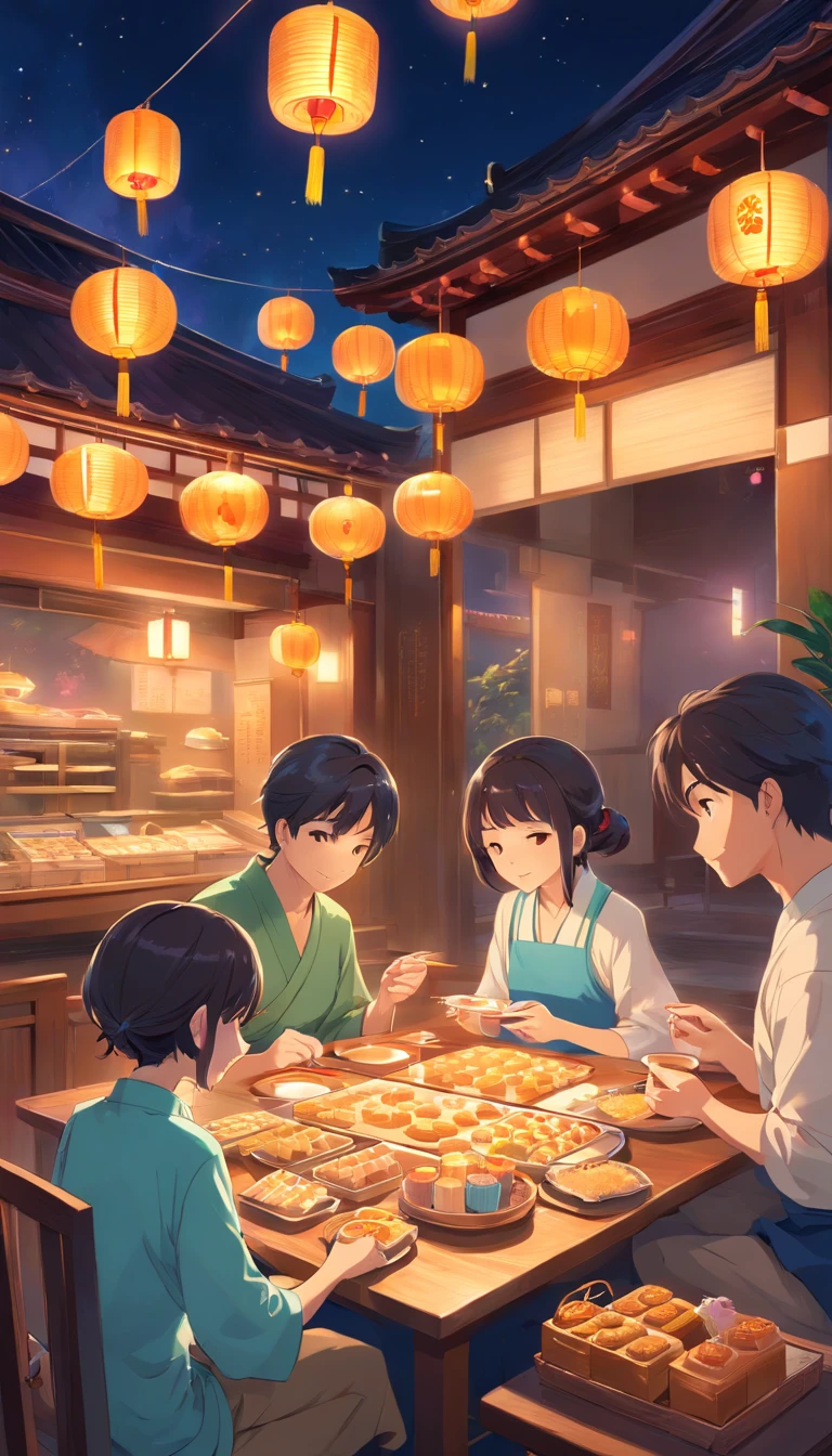 A family eats mooncakes,There are mooncakes on the table, Food in hand, tea drinking and paper lanterns, Bright moon,Chinese style painting, exciting illustration