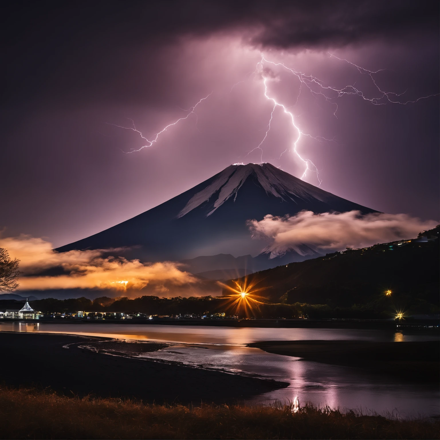 Master Parts、Superior Quality、superior image quality、The 8k quality、Beautiful photos of lightning、magnifica、(Mt fuji:1.25)、Dramatic Lightning:1.9