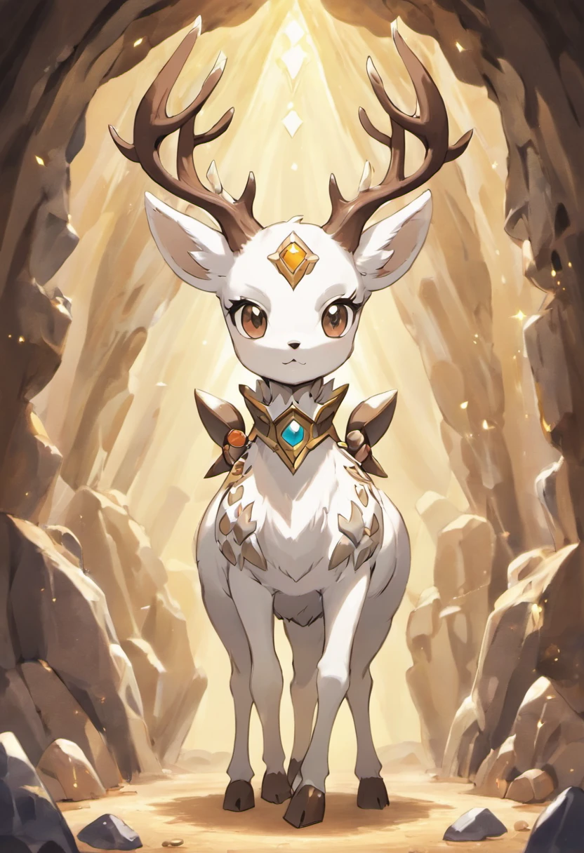 a detailed anime drawing of a huge ornate ((white and brown)) female deer with ((deep brown eyes)) and rocky crystals surrounding its body like a suit of armor with large antlers standing inside of a cave