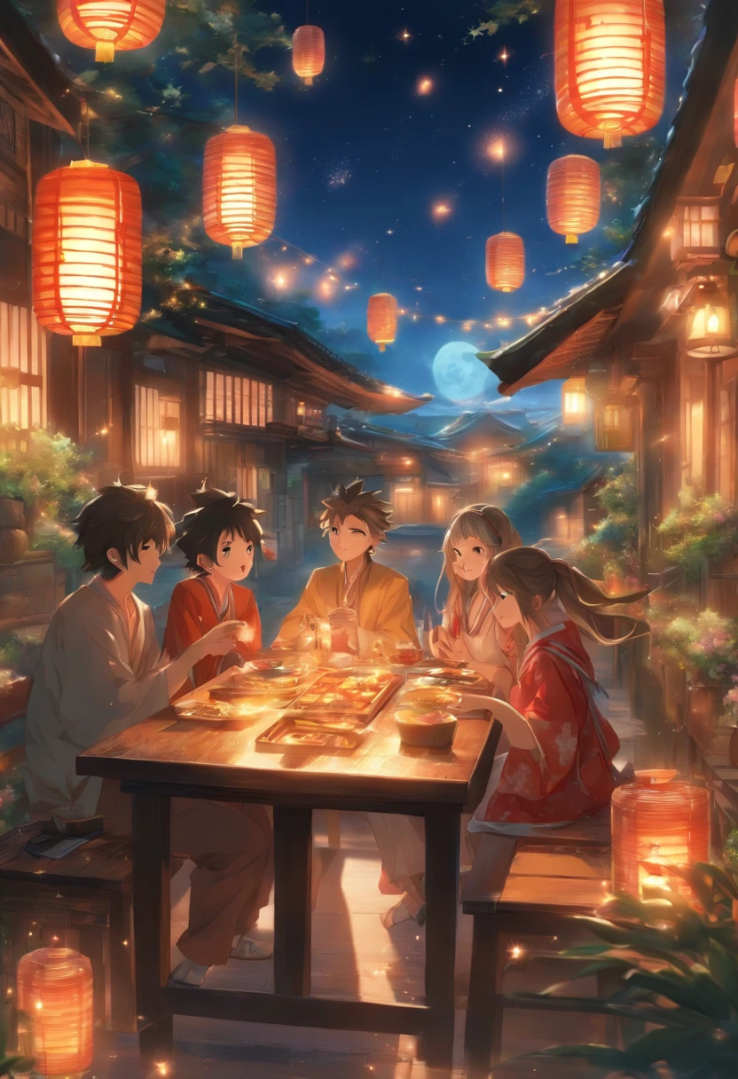 (top-quality、8K、tmasterpiece:1.3)、Full moon and stars in sky illustration,The family sits together eating mooncakes,Mom and dad laugh with the kids,Have in the living room、Bright house scene,extremely detailed face and skin,Heartwarming scene,perfect detail
