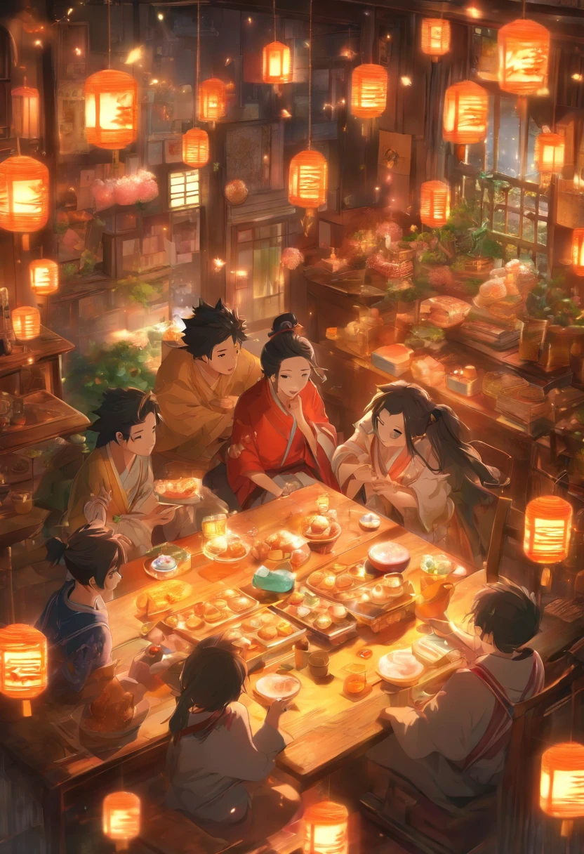 (top-quality、8K、tmasterpiece:1.3)、Full moon and stars in sky illustration，The family sits together eating mooncakes,Mom and dad laugh with the kids，Have in the living room、Bright house scene，extremely detailed face and skin，Heartwarming scene，perfect  detail