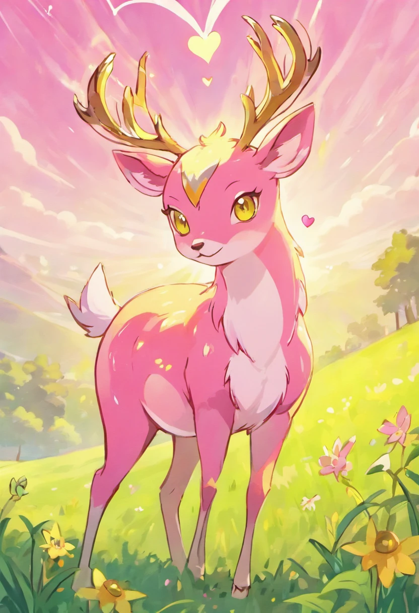 a detailed anime drawing of a large ((pink)) deer with ((bright yellow eyes)) that gives off a aura of grace with large heart-shaped antlers dashing through a meadow by itself