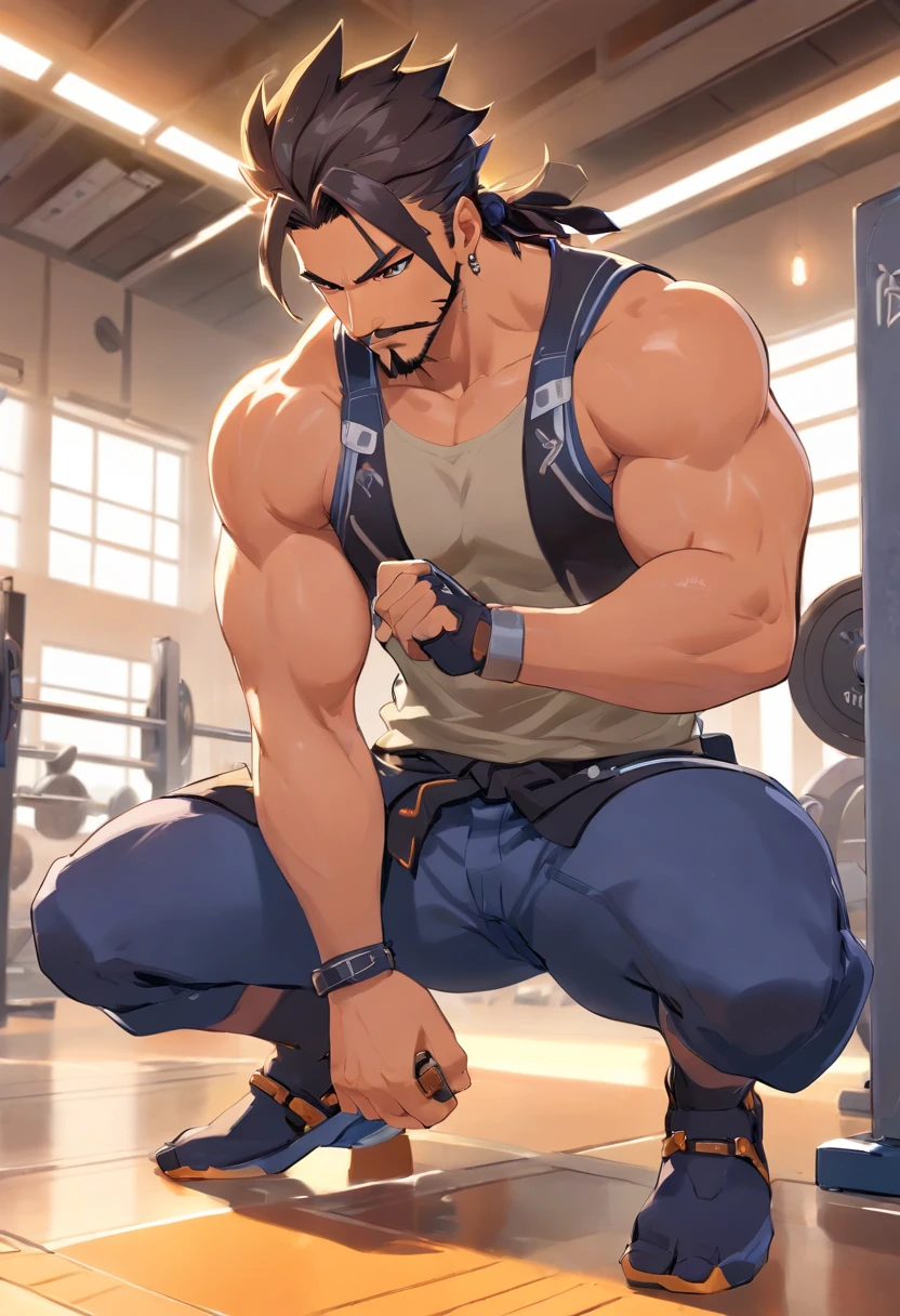 hanzo Overwatch, corpo inteiro,Picking up heavy in a bodybuilding gym, well-defined muscles, perfect biceps, focus in muscles, incredible details
