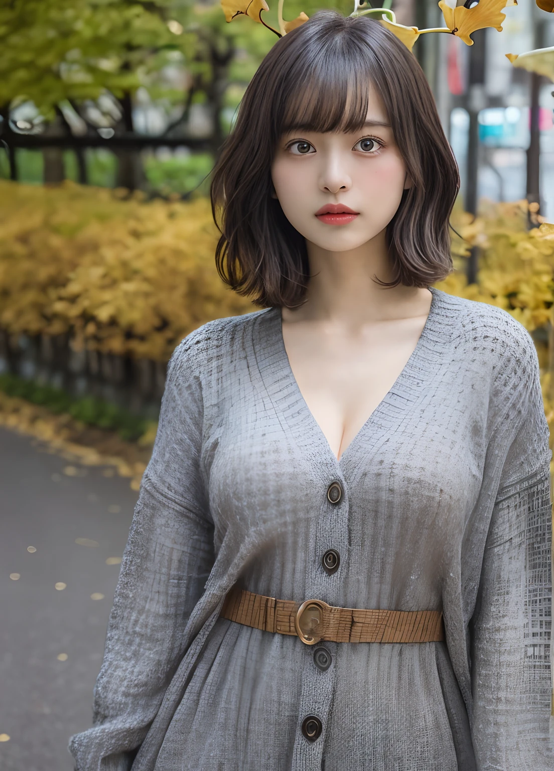 (delicate illustration:1.3),(masterpiece:1.0), (best quality:1.4), (ultra highres:1.2), (photorealistic:1.5), (cinematic),high contrast, bokeh, (hdr:1.4), dramatic lighting, sidelighting, (8k, RAW photo:1.2), (sharp focus:1.3), (((full body))),(film gain:0.9), (vhsbvideo:0.8), (analog film photography:0.8), lomography, HOLGA, HOLGA DIGITAL, BANZART ZIEGEL, Lomo LC-A 120, EKTACHROME E100,
break,
(23yo:1.4),(((1girl , dancing))),(wearing detailed oversized grey Argyle cardigan over oversized white tee dress :1.3),((brown contacts, sweaty skin)) ,huge breast, cleavage, open mouth, bangs:1.5,airly wavy short bob cut, messy hair,woman,
break,
(((background is detailed ginkgo avenue in tokyo, crouded, sunny))),round face, (baby face),no-makeup,beautiful detailed eyes, tareme, (small eyes),thin_eyebrows,(face focus), slim, slender waist, thin leg, dr.martens,  (japanese famous actress),(cute), (beautiful),eye bags,
