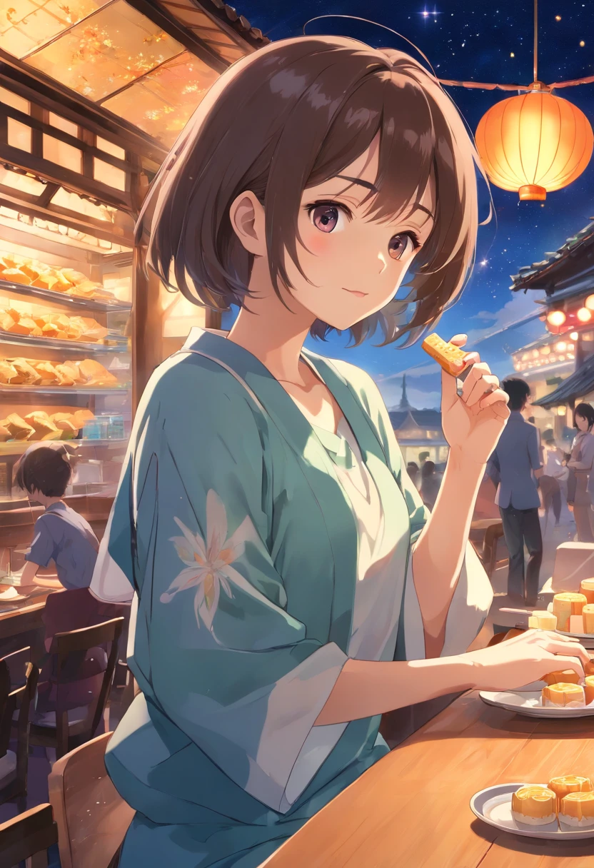 (top-quality、8K、tmasterpiece:1.3)、Full moon and stars in sky illustration,The family sits together eating mooncakes,Mom and dad laugh with the kids,Have in the living room、Bright house scene,extremely detailed face and skin,Heartwarming scene,perfect detail