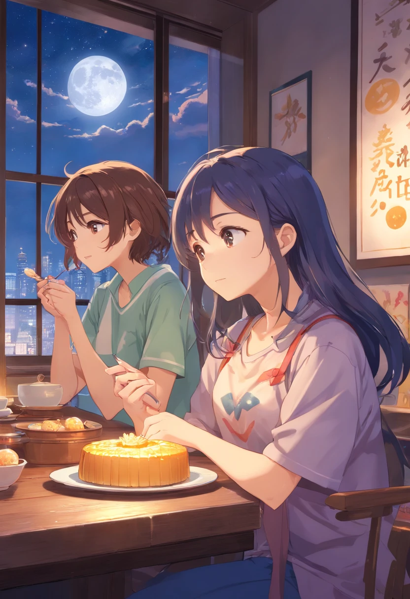 (top-quality、8K、tmasterpiece:1.3)、Full moon and stars in sky illustration，The family sits together eating mooncakes,Mom and dad laugh with the kids，Have in the living room、Bright house scene，extremely detailed face and skin，Heartwarming scene，perfect  detail