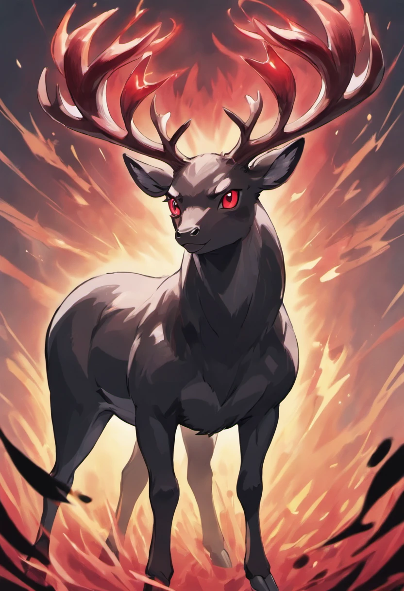 a detailed anime drawing of a huge strong ((black)) male deer with ((deep red eyes)) that gives off a dangerous aura with large dangerous antlers getting ready to attack