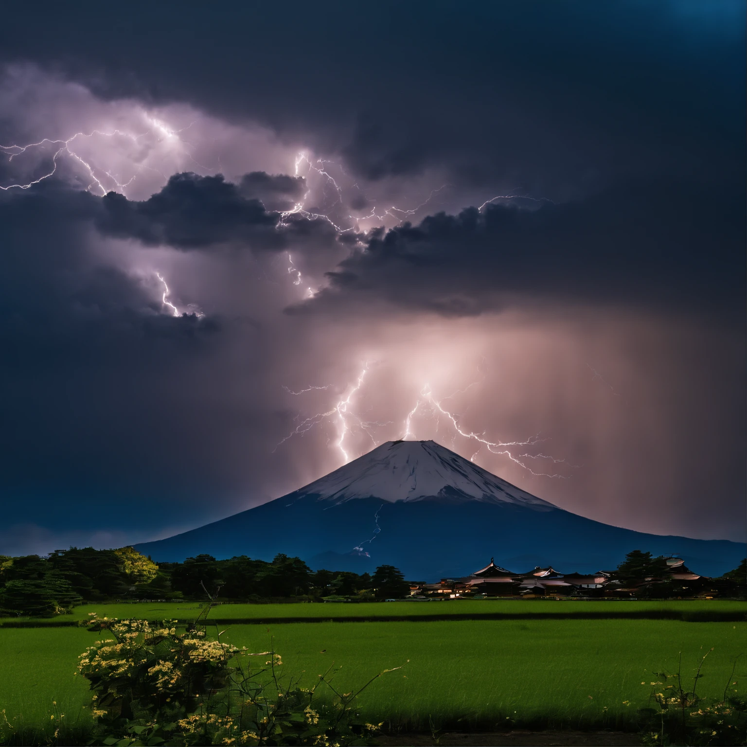 Master Parts、Superior Quality、superior image quality、The 8k quality、Beautiful pictures of the starry sky、magnifica、(Mt fuji:1.25)、dramatic cloud:1.5、(Numerous lightning strikes over Mt. Fuji:1.9)