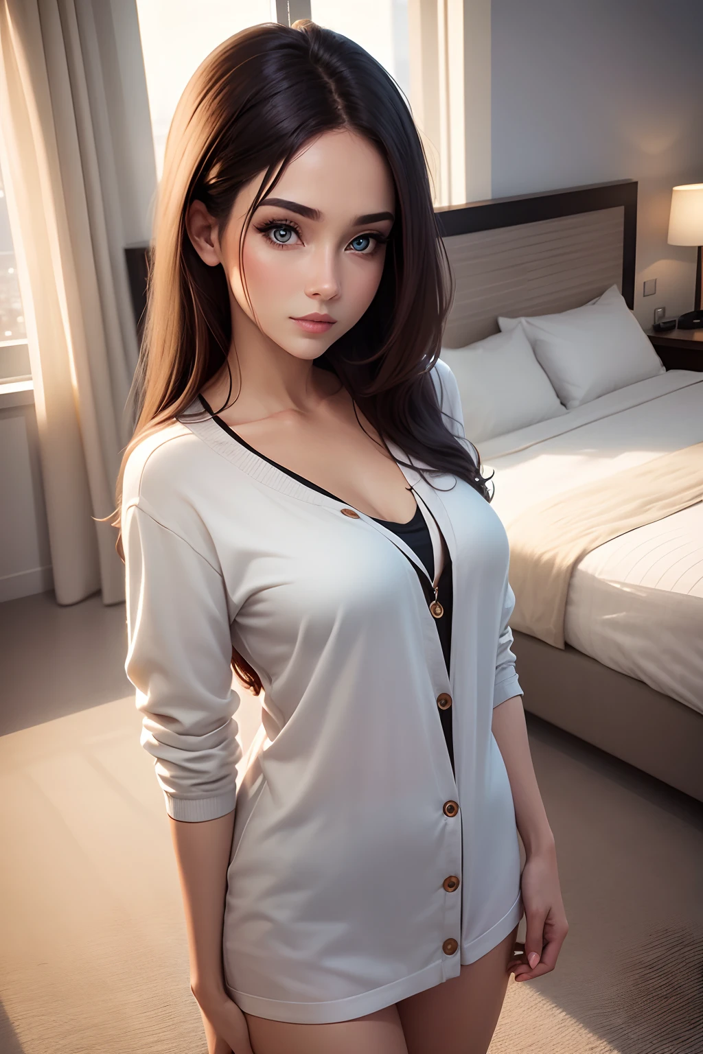 beautiful woman, beautiful eyes, casual outfit,modern clean beautiful room, detailed image, hotel room, 4k rendering